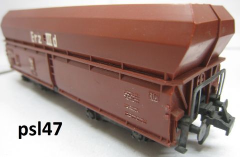Trix Express 486 3486 Großgüterwagen 00tz 50 der DB, Erz III d mit Kohle Einsatz (psl47) frühe Version mit mehrteiligen geschraubten Drehgestellen sehr schön Erhalten o OV