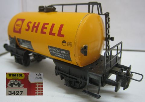 Trix Express 3427 Tankwagen SHELL 2A orangegelb (kds698) Signet links im rechteck, schön in OV.