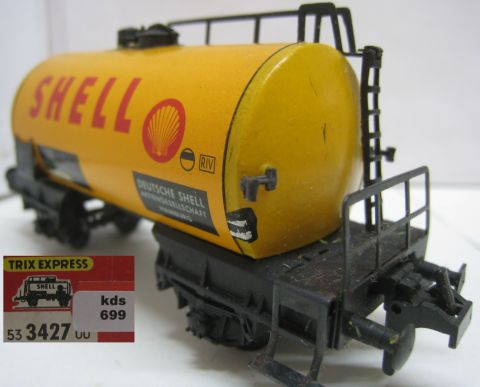 Trix Express 3427 Tankwagen SHELL 2A orangegelb (kds699) Signet rechts rund, sehr schön in OV.